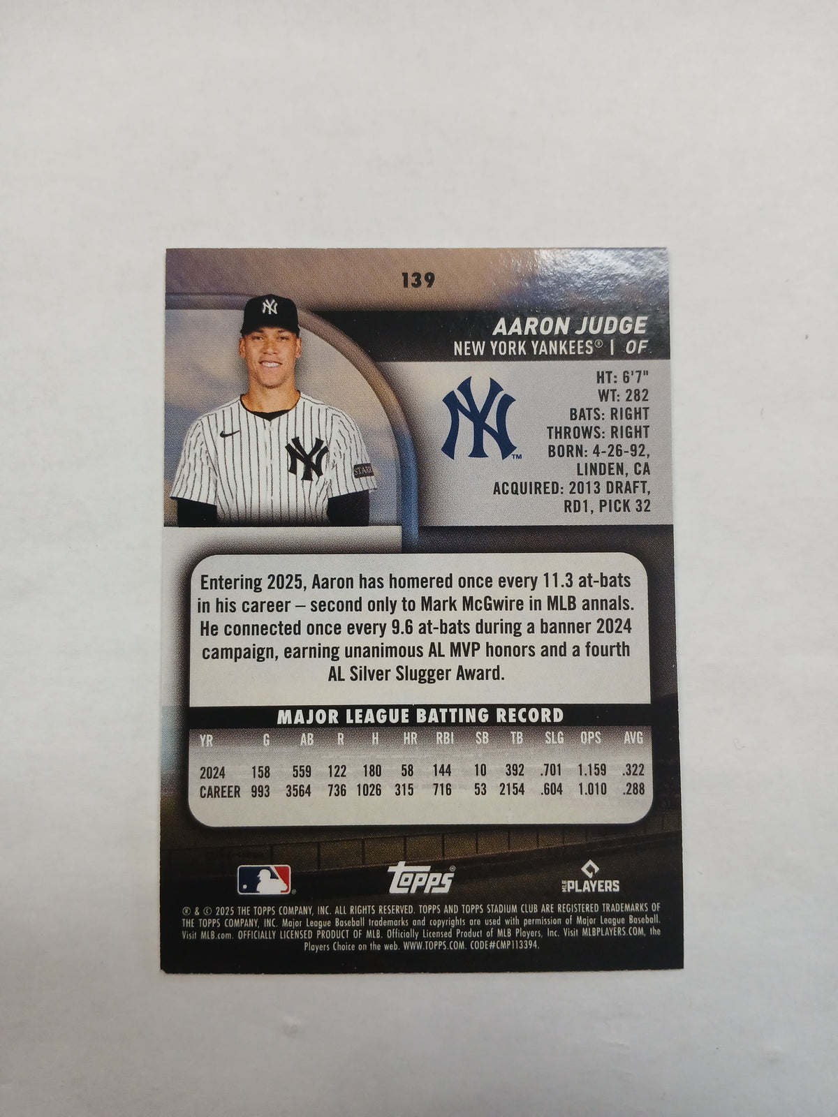 2025 Topps Stadium Club Aaron Judge Blue Foil SP
