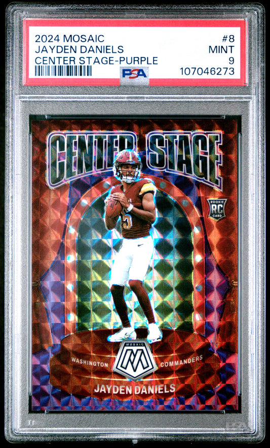 2024 PANINI MOSAIC CENTER STAGE #8 JAYDEN DANIELS CENTER STAGE-PURPLE # /49 SP PSA 9