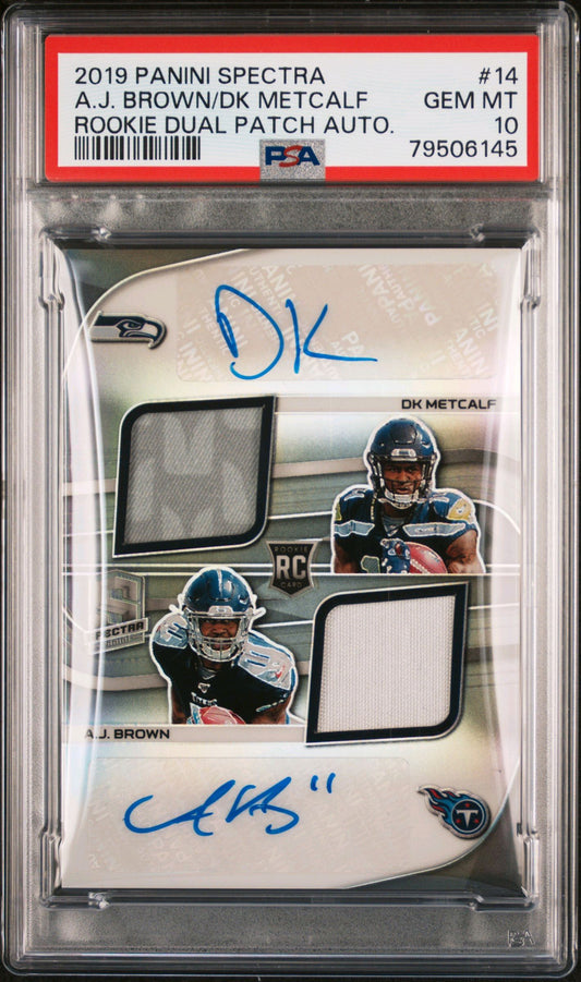 2019 PANINI SPECTRA ROOKIE DUAL PATCH AUTOGRAPHS #14 DK METCALF/A.J. BROWN ROOKIE DUAL PATCH AUTO PSA 10