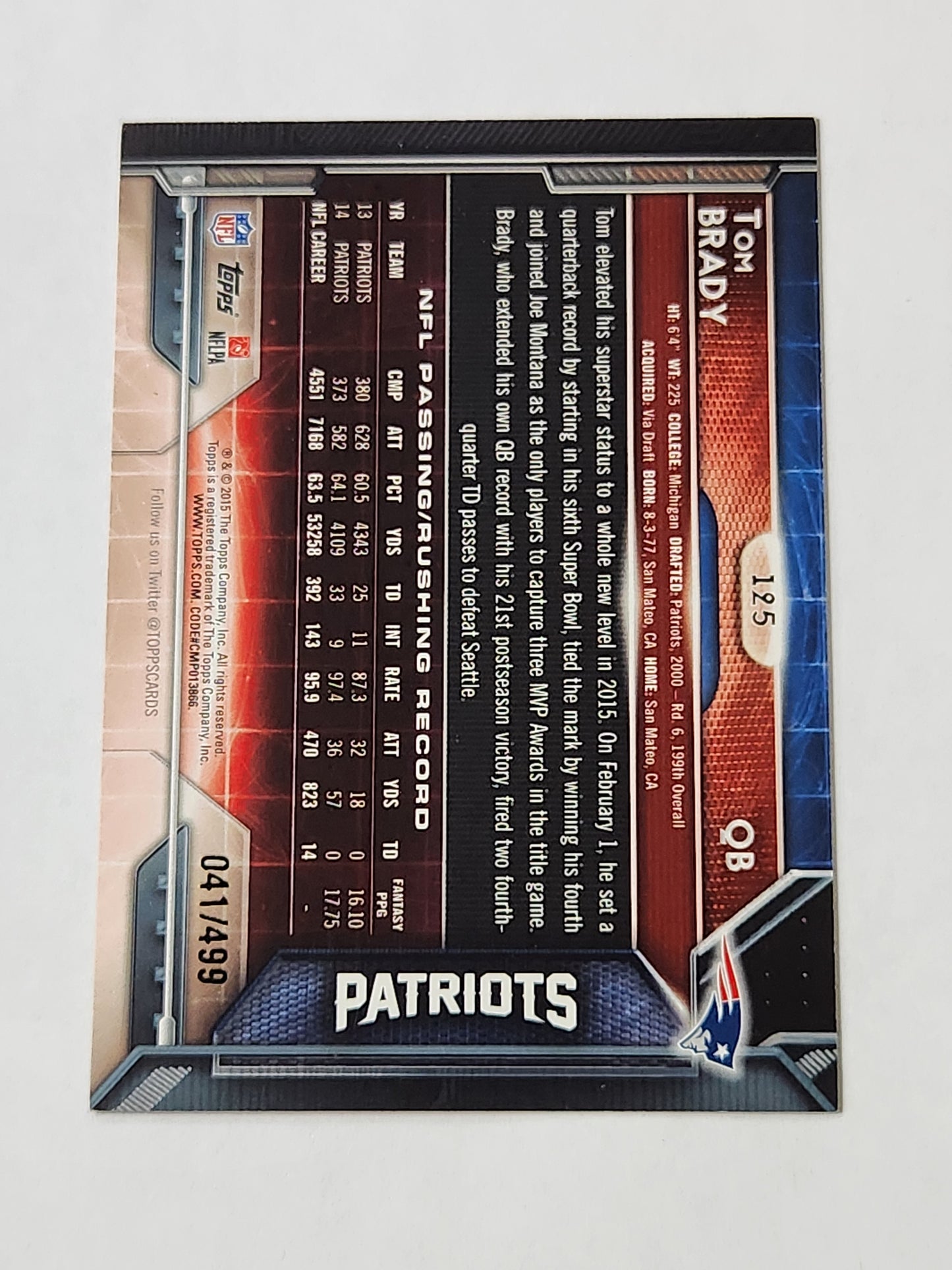 2015 Topps Tom Brady Pink /499 No. 125
