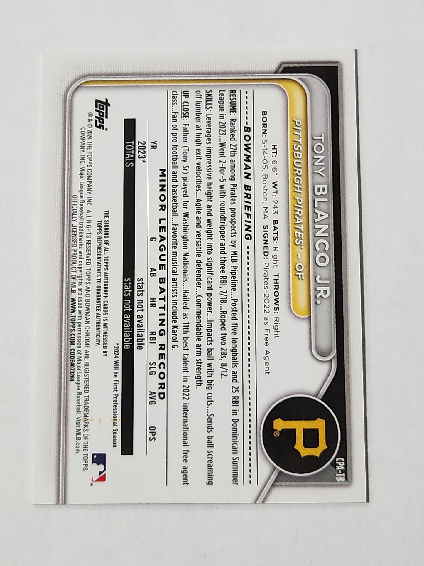 2024 Bowman Chrome Tony Blanco Jr On Card Speckle Auto /299