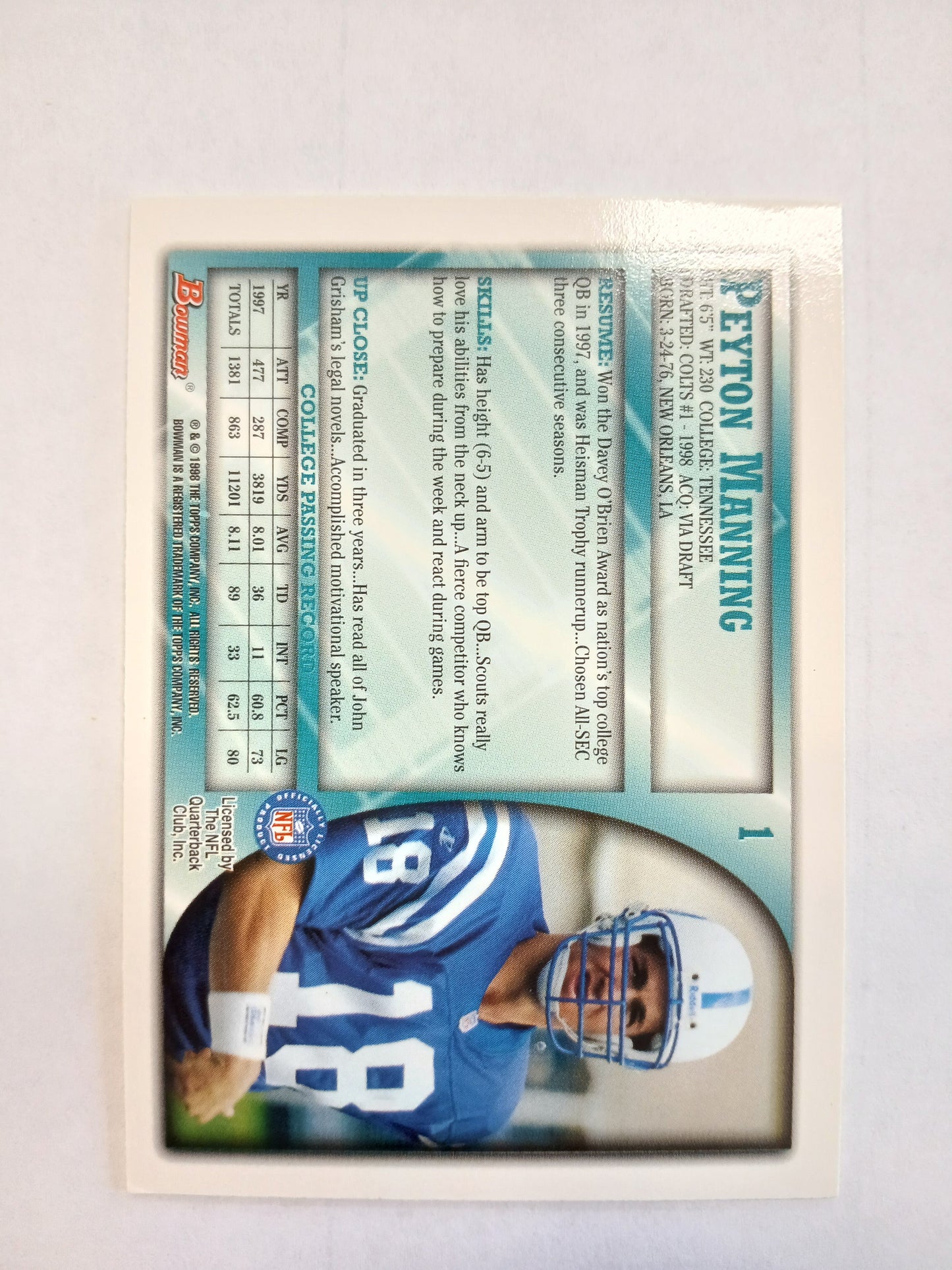 1998 Bowman Peyton Manning Rookie Card No. 1