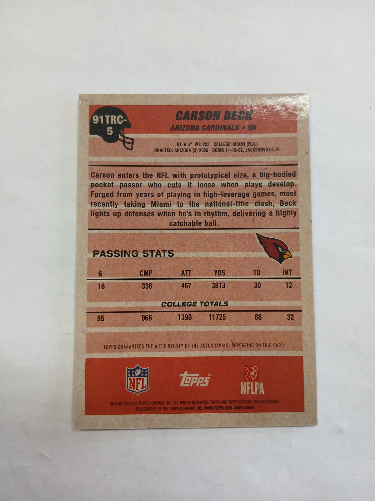 2026 Topps Flagship Carson Beck 1991 Throwback Chrome 35th Anniversary Silver Pack Hobby Auto