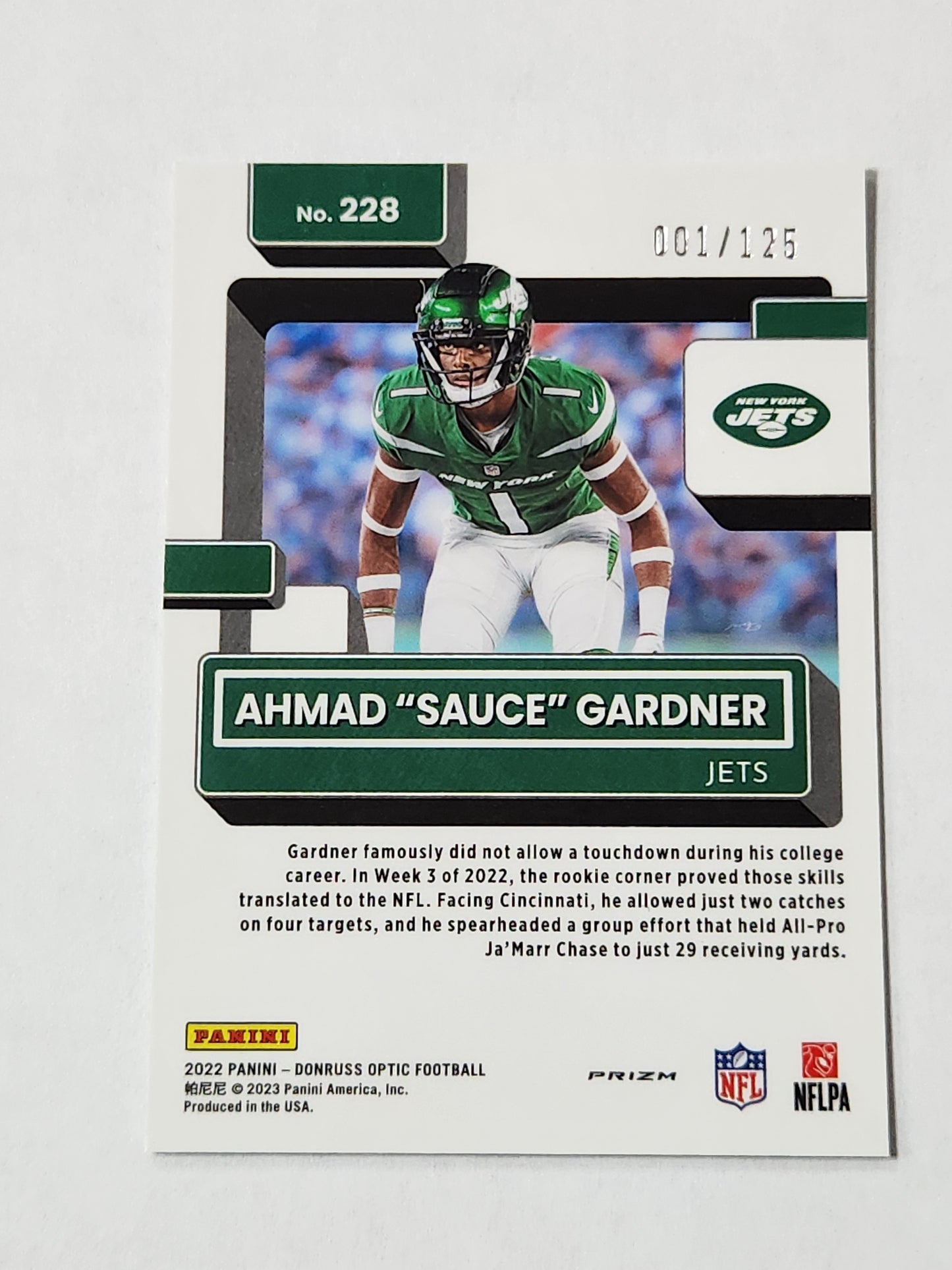 2022 Donruss Optic Ahmad "Sauce" Gardner No Huddle Disco Rated Rookie Jersey Number 1/125