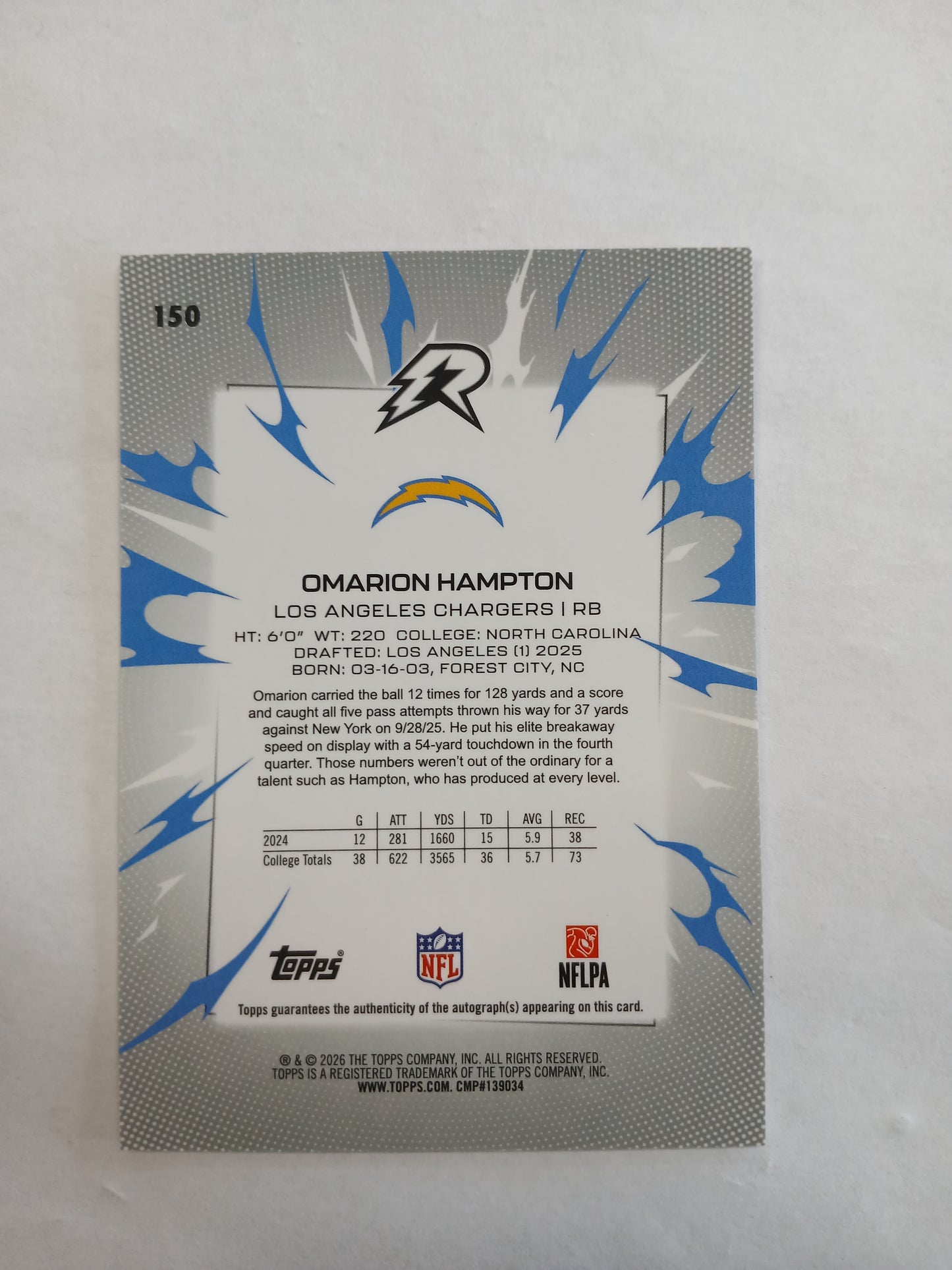 2026 Topps Resurgence Omarion Hampton Gold Raywave Refractor Rookie Auto #/50
