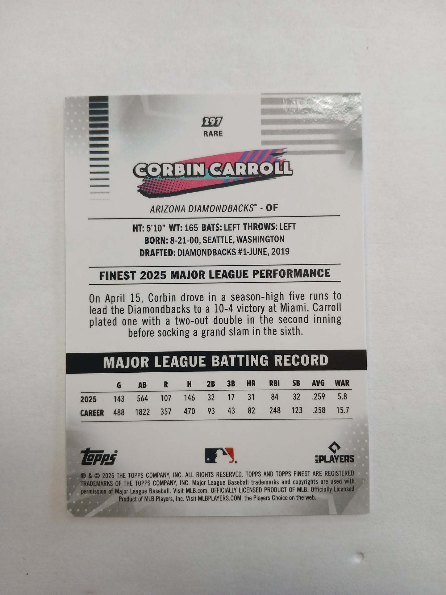 2026 Topps Finest Corbin Carroll Rare White Sparkle Refractor #/30