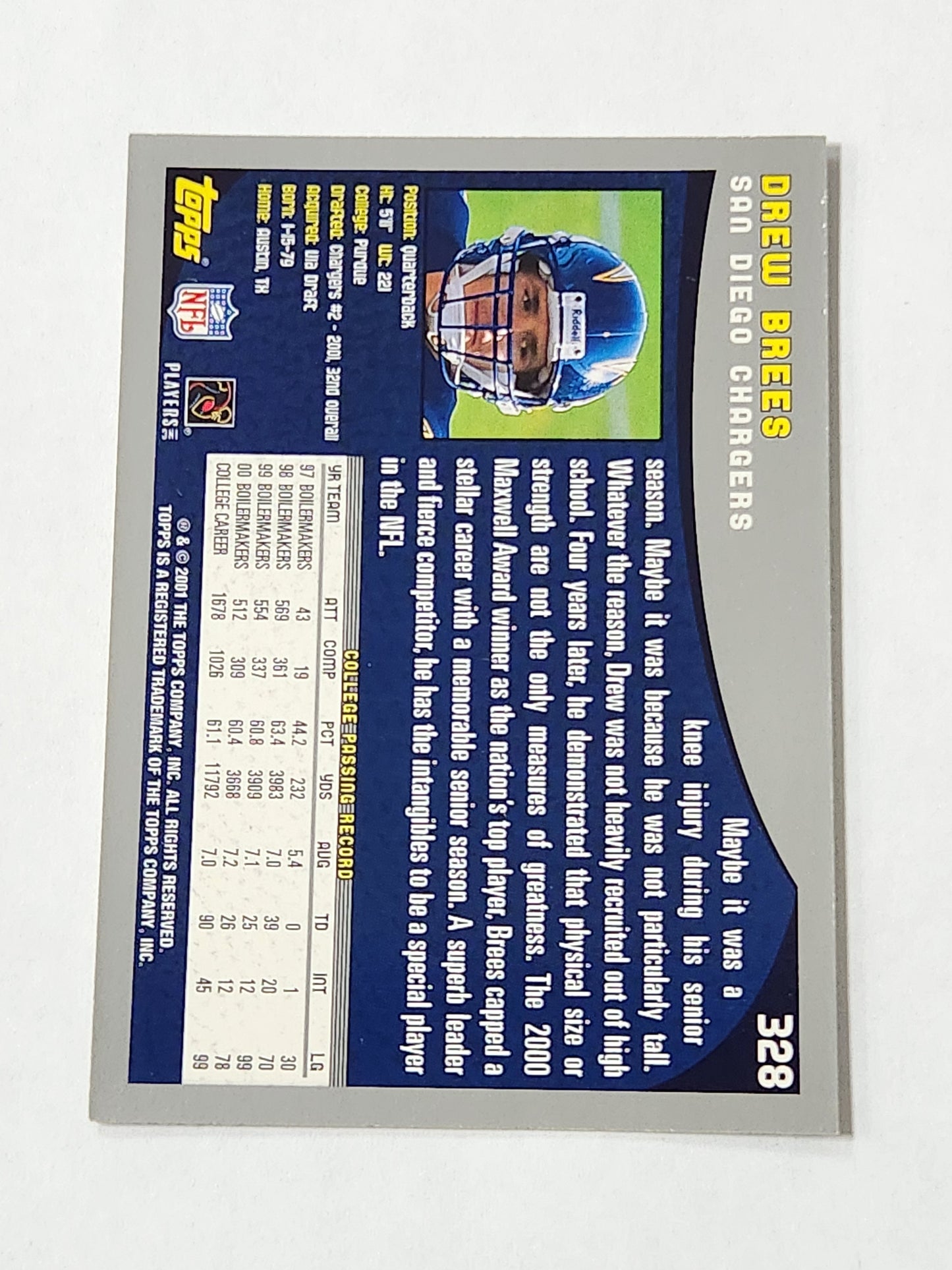 2001 Topps Drew Brees Rookie Card No. 328