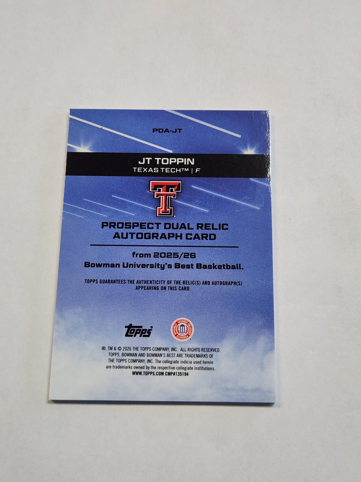 2026 Bowman Best U JT Toppin Dual Patch Auto Yellow Lazer Refractor #/75