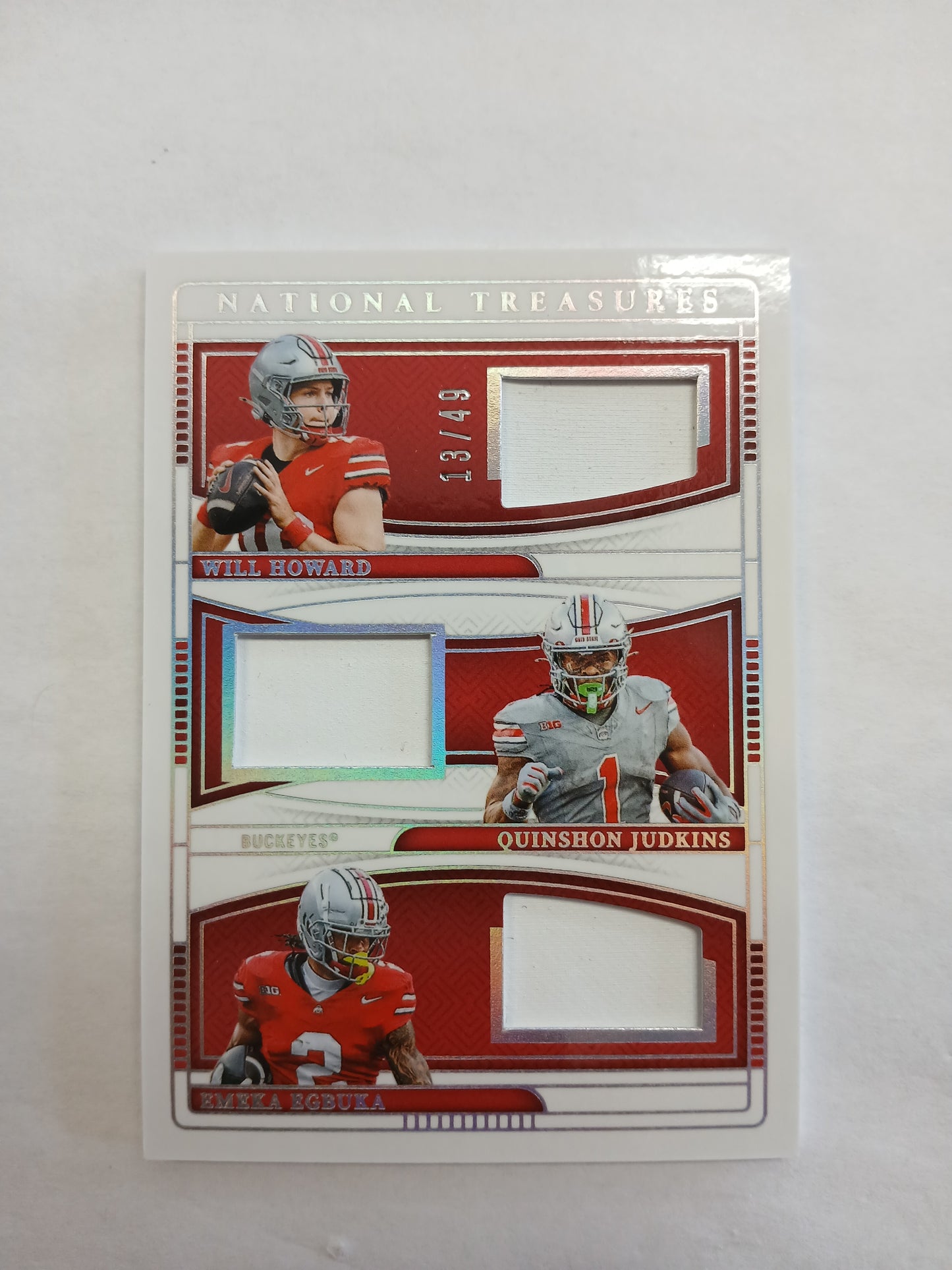 2025 National Treasures Will Howard Quinshon Judkins Emeka Egbuka Team Trio Materials #/49
