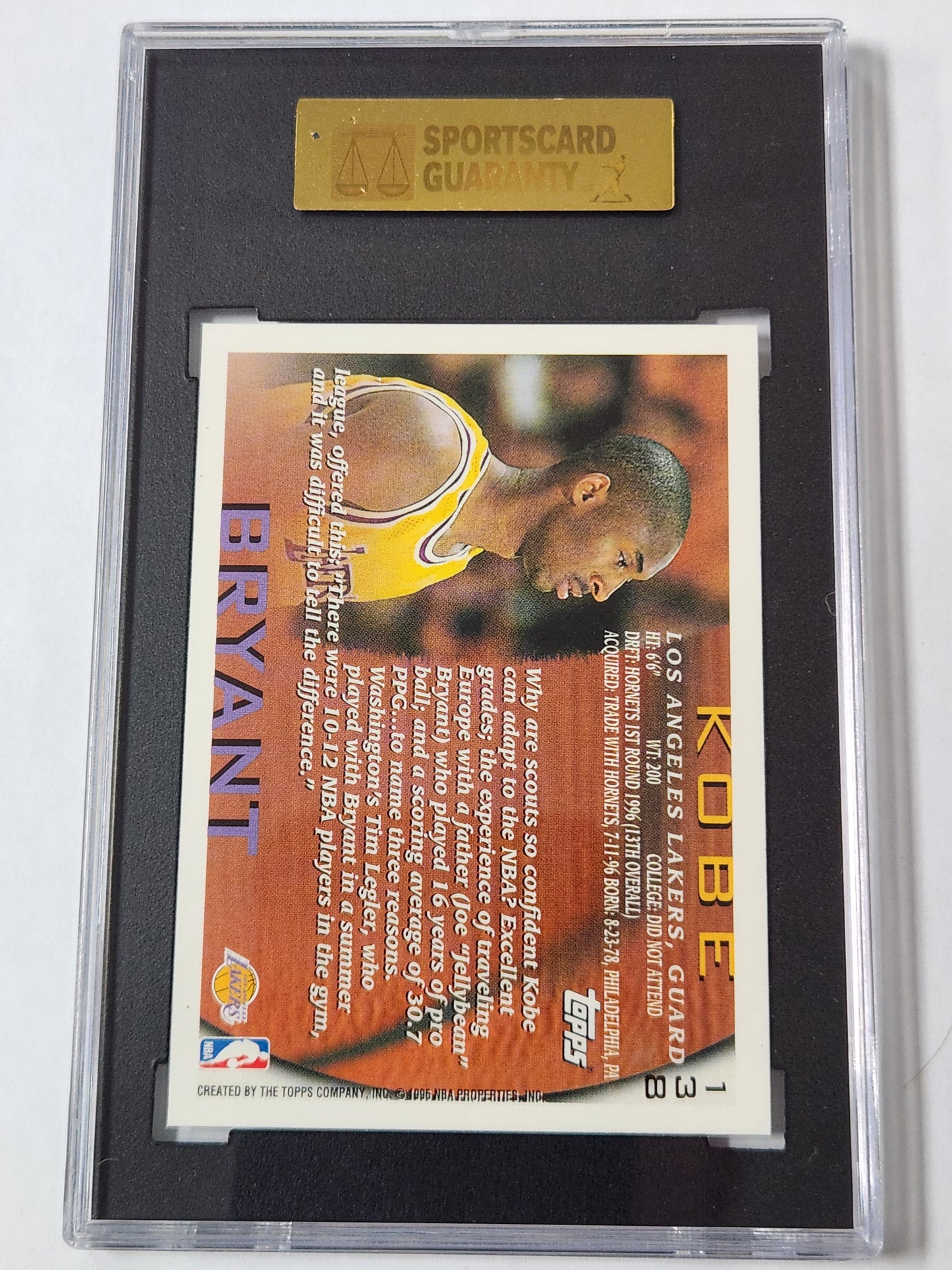 1996 Topps Kobe Bryant Rookie No. 138 SGC 9