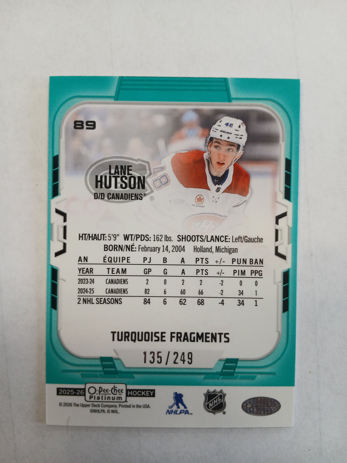 2025 Upper Deck O-Pee-Chee Platinum Lane Hutson Turquoise Fragments #/249