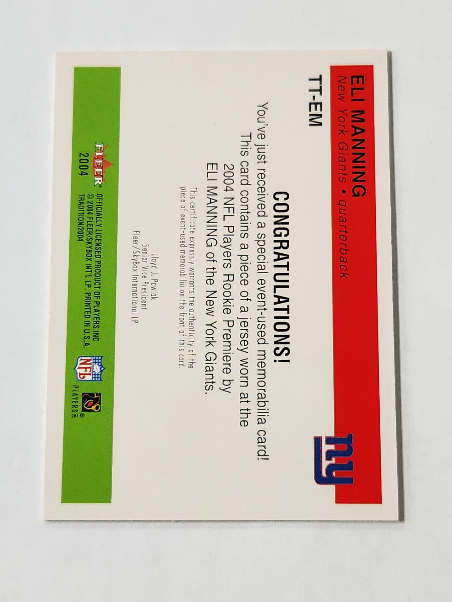 2004 Fleer Tradition Eli Manning Rookie Throwback Threads Jersey Card