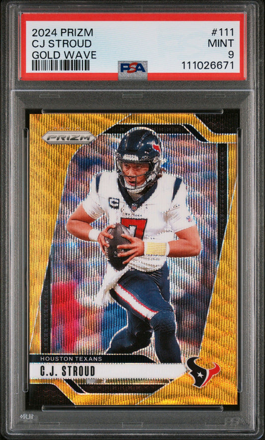 2024 PANINI PRIZM #111 CJ STROUD GOLD WAVE Jersey # /10 PSA 9