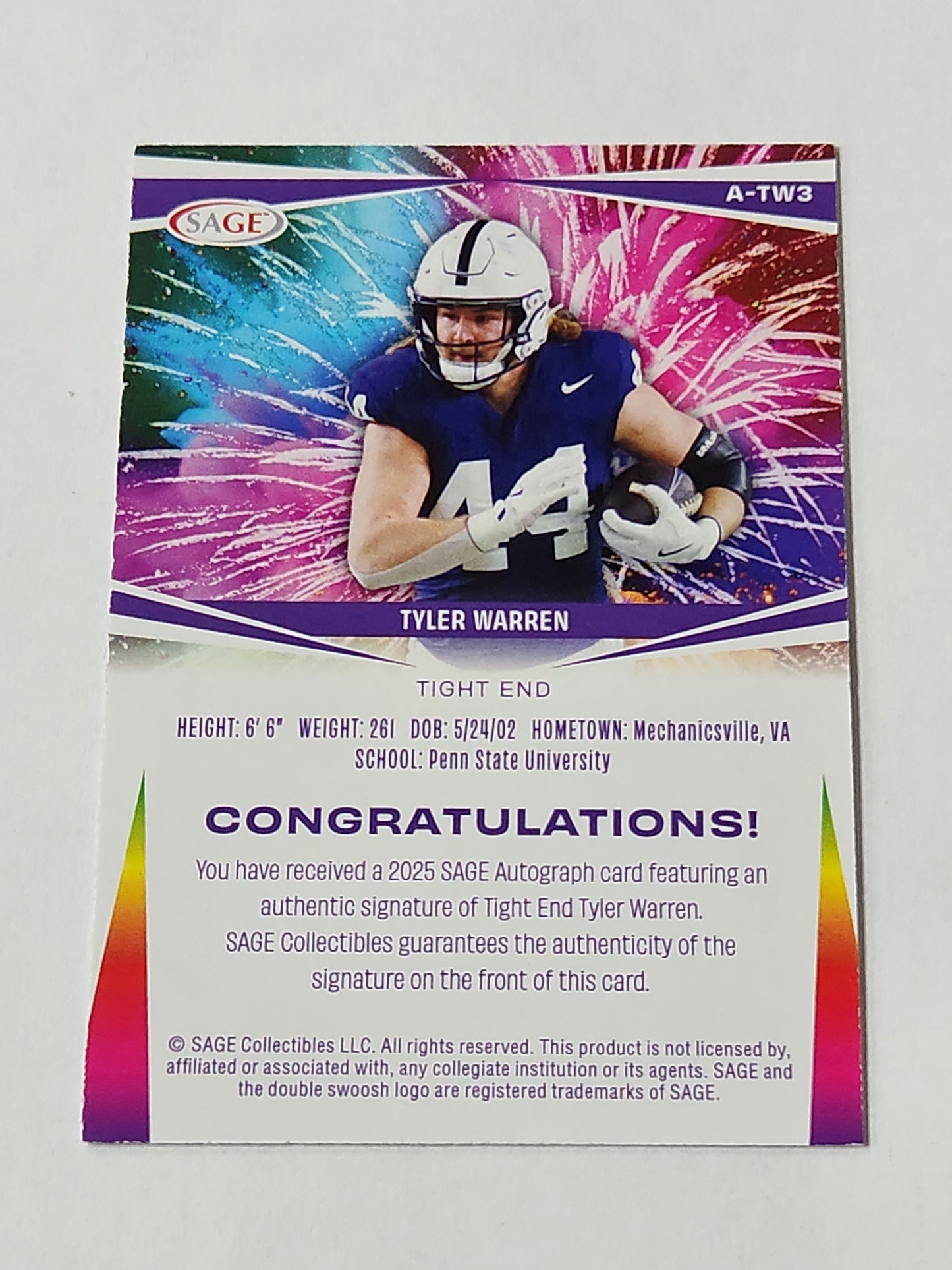 2025 Sage Tyler Warren Rookie Auto A-TW3