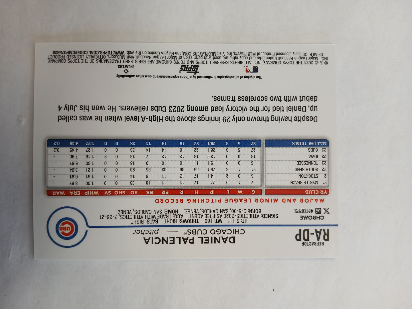 2024 Topps Chrome Daniel Palencia Rookie Refractor On Card Auto #/499