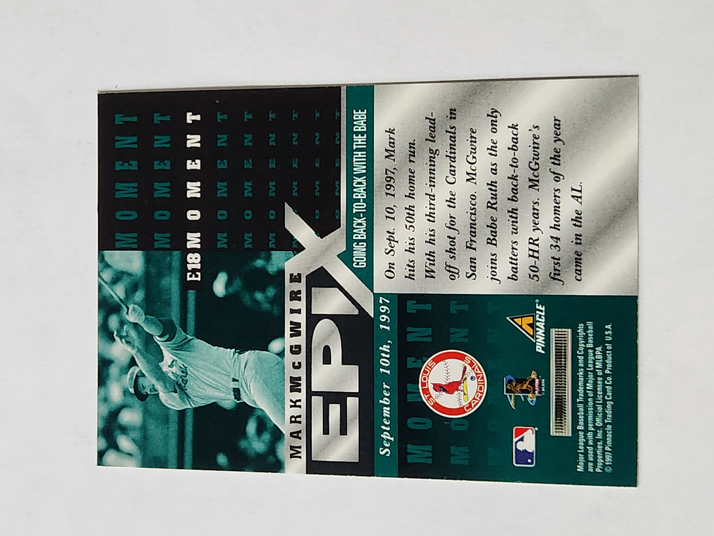 1997 Pinnacle Baseball Mark McGwire Epix Moment Green Emerald E18 SP Rare