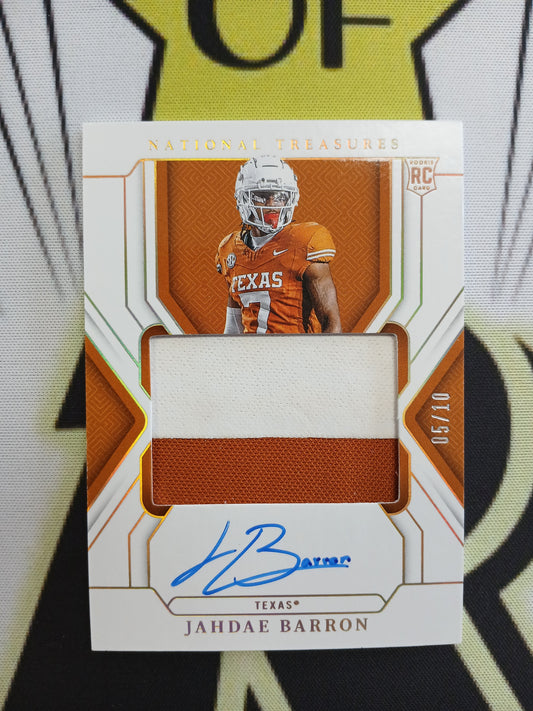 2025 National Treasures Jahdae Barron Rookie Dual Color Patch On Card Auto Gold #/10